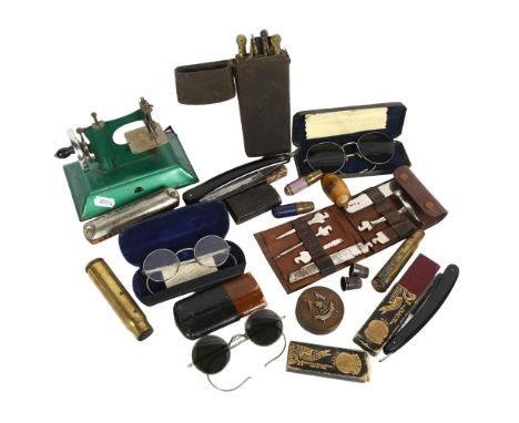 Cut-throat razors, torpedo harmonica, miniature sewing machine, drawing instruments etc 