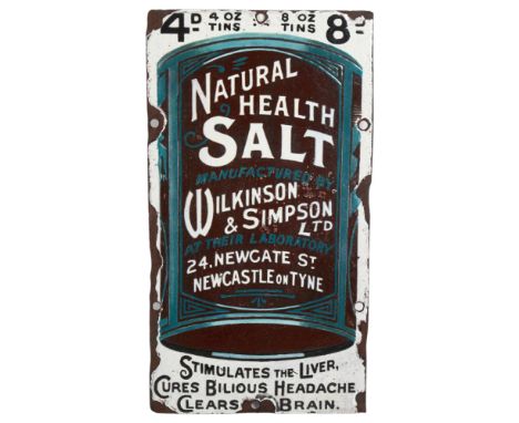Natural Health Salt, manufactured by Wilkinson & Simpson Ltd, Newcastle-upon-Tyne enamel sign, 16 x 30cm 