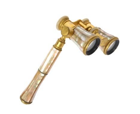A pair of French gilt-metal and mother-of-pearl opera glasses, with detachable handle 
