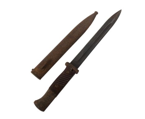 A German military bayonet and scabbard, numbered 7045a and 44CQH, blade length 26cm, overall length 40cm, scabbard also marke