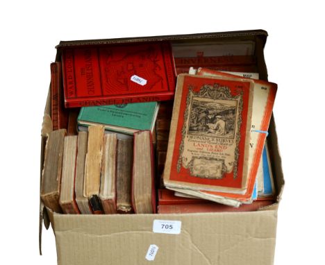 A box of 1930s - 1960s maps and travel books, including The Ordinance Survey Contoured Road Map of Land's End And Lizard, var