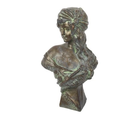 A verdigris terracotta bust of a gypsy girl, title "Bohemia", height 45cm 