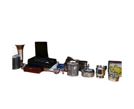 A quantity of pewter christening gifts, including Disney Winnie The Pooh money box, a modern hip flask in display case etc 