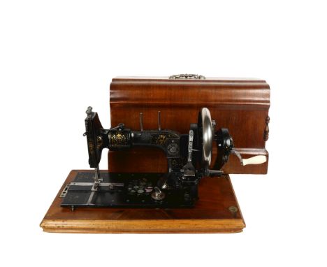 Grimme Natalis Antique sewing machine with case and attachments (in case) - inset mother-of-pearl with hand painted central d