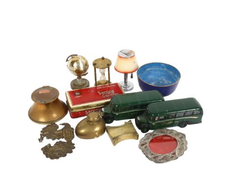Various brass inkwells, a brass sand timer, a Vintage Sarony Silk Cut cigarettes tin etc 