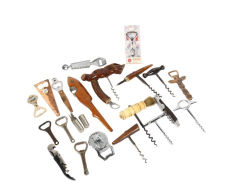 A collection of Vintage and other corkscrews and bottle openers, including bone-handled, fish design, a chrome plate multi-to