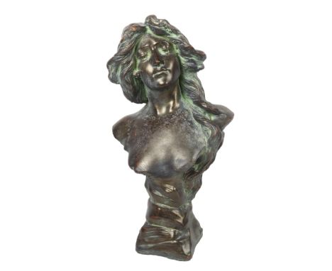 A verdigris terracotta bust of a woman, Art Nouveau style, height 47cm 