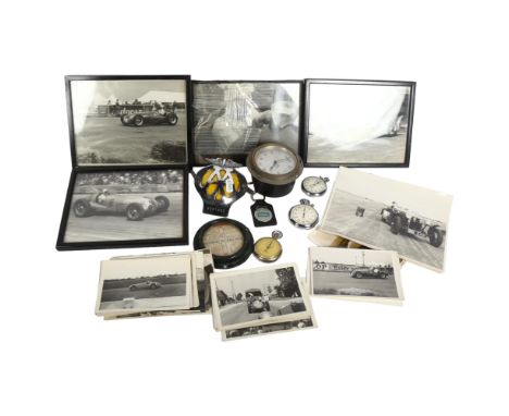 A group of Vintage motor racing postcards, photographs, a Smiths clock, a tax disc dated 1928, 3 stop watches etc, some of th