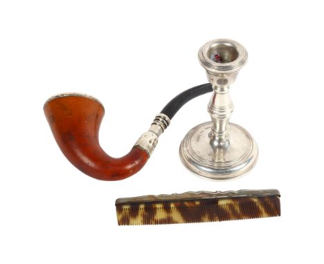 A small silver candlestick, a silver-mounted comb, and a silver-mounted "Sherlock Holmes" calabash pipe (3) 