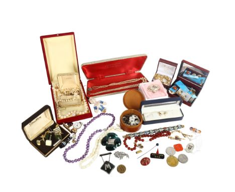 A box of Vintage and other costume jewellery, including enamel panel necklace, earrings, cufflinks etc, and 2 ceramic half do