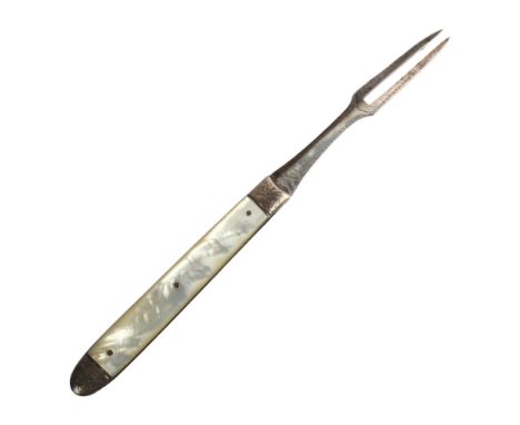 A George III silver folding fruit fork, no maker's mark, with mother-of-pearl handle, overall length 16.5cmMother-of-pearl ha