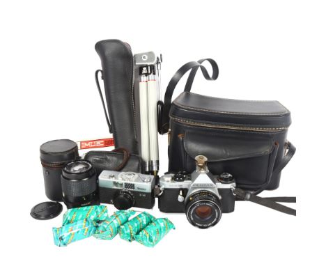 A Pentax Me Super 50mm camera and lens with an additional 135mm lens, tripod and original carry case, a Rollei B35 also inclu