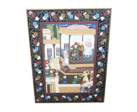An Indian batik panel depicting figures in an interior scene, framed, height 1m overall 