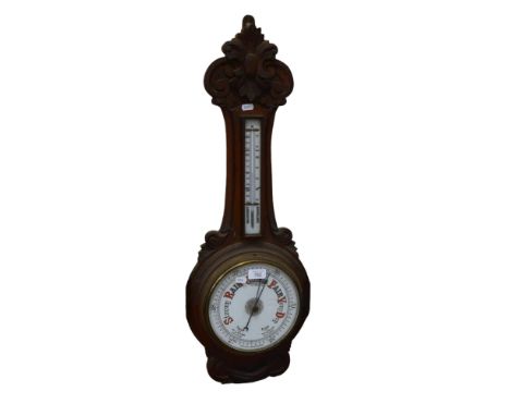 Aneroid barometer with thermometer, in carved oak surround, height 89cm 