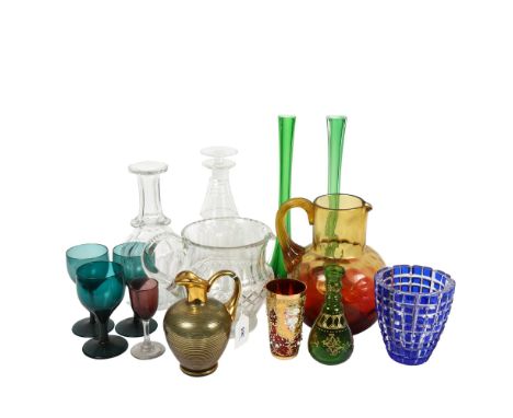 A Bohemian and cranberry etched beaker, a green bubble glass and glided vase, a Whitefriars decanter, Bristol green glasses e