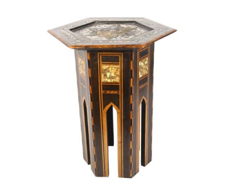A small Anglo-Moorish hexagonal occasional table, with inlaid mother-of-pearl marquetry, 34cm across, height 47cm 