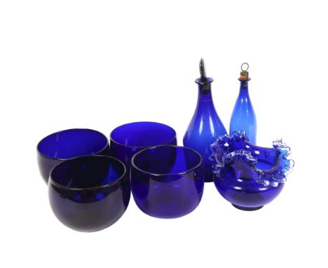 A quantity of Bristol blue finger bowls, a Brandy etched decanter, an oil jar etc, largest height 22cm (6) 