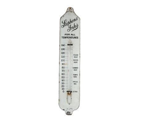 An enamel advertising thermometer, Stephens' Inks For All Temperatures, thermometer is missing and no glass  height 92cm 