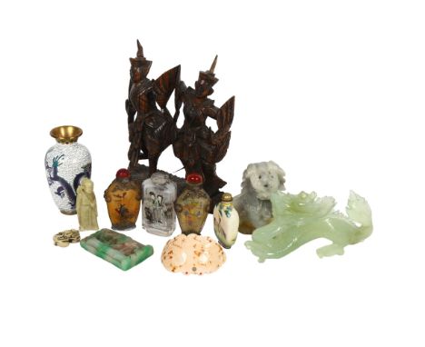 A carved jade dragon and pendant, snuff bottle, cloisonne vase etc 