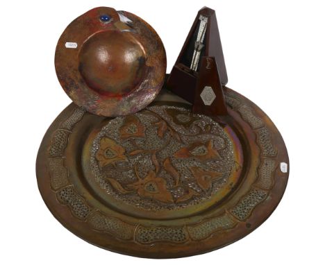 An Antique wooden metronome, by Maelzel Paquet, a stylised copper dish with lapis cabochon stone, a pierced and embossed copp