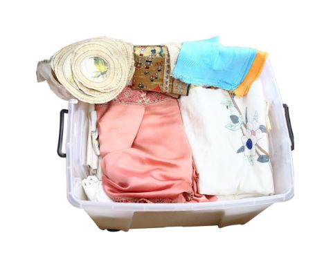 A large quantity of table linen, napkins, Oriental embroidered silk work panel etc (boxful) 