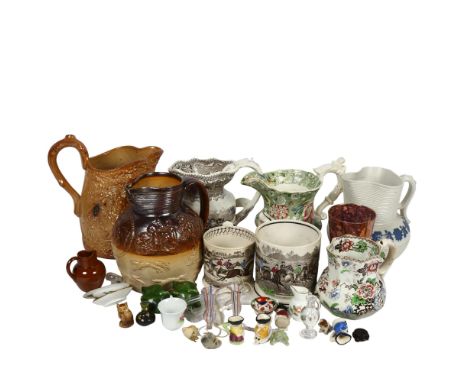 A collection of Victorian and later jugs, including stoneware, a Bacandian? design, hunting scene mug, and a box of miniature