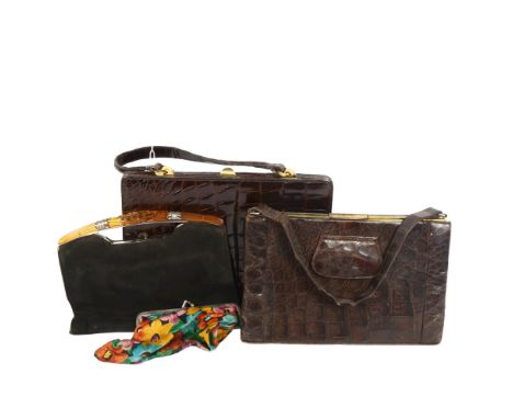 A quantity of various Vintage handbags, including crocodile 