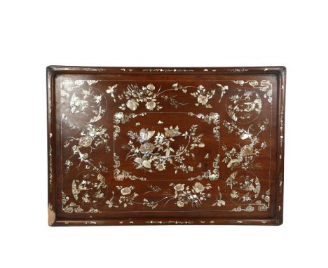 A large Chinese hardwood rectangular tray, with allover mother-of-pearl and abalone shell inlaid decoration, length 70cm 