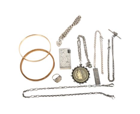 A group of silver jewellery, including a pendant necklace, an Albert pendant and chains, and an engraved lighter marked 800, 