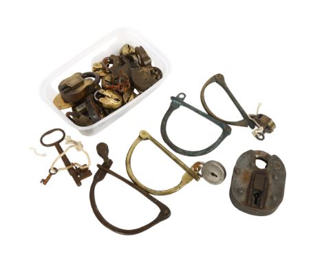 A selection of early 20th century kit bag hasps, Vintage padlocks and keys
