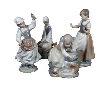 2 Lladro figures, girl with bird, and a seated girl, and 2 NAO figures, girl with pitcher, 28.5cm, and girl with pail 