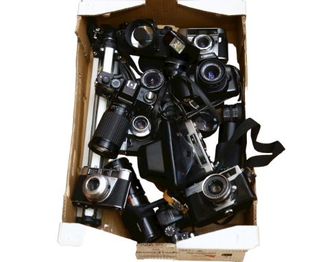 A quantity of various Vintage cameras, including various lenses and accessories, Petri, Yashica, Konica etc 