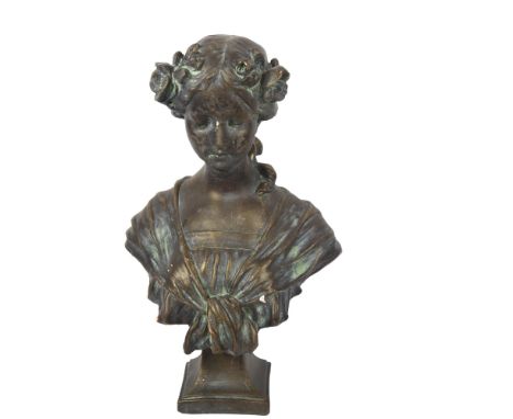 A verdigris terracotta bust of a Roman female, height 46cm 