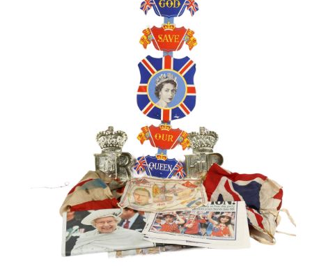 An Elizabeth II folding banner God Save Our Queen, a 1937 Coronation panel, 2 Union Jacks etc 