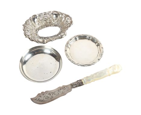 MAPPIN & WEBB - a small sterling silver dish, a pierced silver dish, another, and a mother-of-pearl handled and silver-bladed