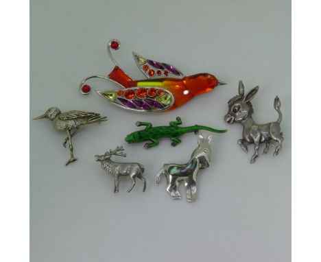 A large silver and Swarovski crystal bird Brooch, 7.5cm long, together with a silver lizard brooch, hallmarked Birmingham, 19