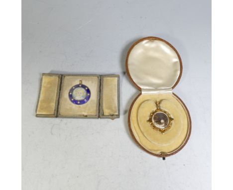 An Edwardian enamelled circular Pendant Locket, the front in blue guilloche enamel set seed pearls, the centre with portrait 