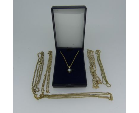 An 18ct yellow gold Chain, 57cm long, 7.5g, together with four 9ct gold chains, total weight 22.5g, and a small opal and sapp