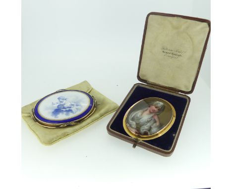 Two Continental oval portrait Plaques, one of a female child in white robe within a 9ct gold mount, 7.5cm x 6cm, the other of