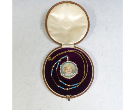 An early 20thC enamel and seed pearl portrait Locket, the circular glass front with blue enamel bezel and an outer surround o