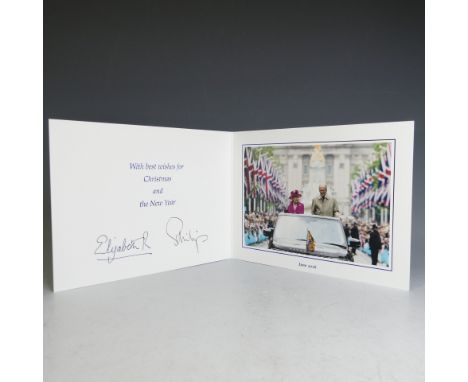 H.M.Queen Elizabeth II and H.R.H.The Duke of Edinburgh,&nbsp;signed 2016 Christmas card with twin gilt ciphers to cover, sign