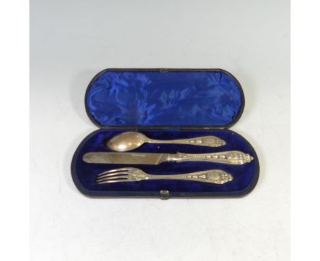 A cased Victorian silver Knife, Fork and Spoon Set, by&nbsp;Martin, Hall &amp; Co., hallmarked Sheffield, 1860, with presenta