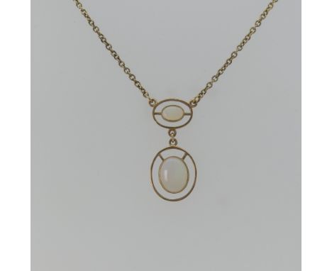 A 9ct yellow gold and opal Pendant, the two oval opals each set in an open oval gold frame, one vertically, the other horizon