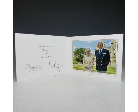 H.M.Queen Elizabeth II and H.R.H.The Duke of Edinburgh,&nbsp;signed 2020 Christmas card with twin gilt ciphers to cover, sign