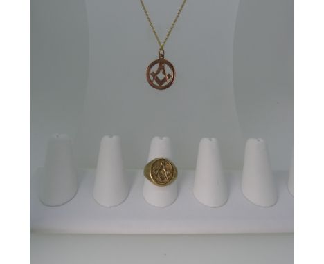 Masonic Interest; A 9ct yellow gold Signet Ring, the oval front with set quare and compass, Size Q, together with a 9ct rose 
