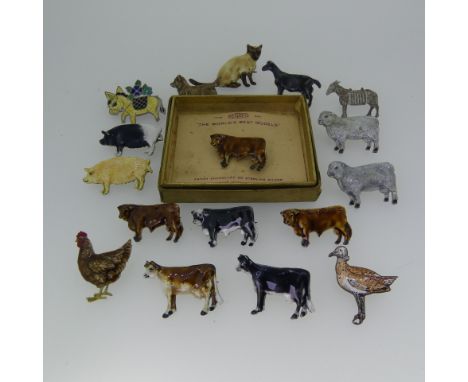 A quantity of fourteen vintage silver and enamel Brooches of Farm Animals, by Kenart, including sheep, cows, goat, pigs, cat,