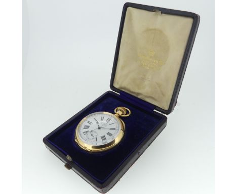A Continental 18ct gold open face chronograph&nbsp;Pocket Watch, Marcks &amp; Co. Ld., with glazed cuvette, the white enamel 