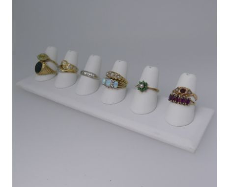 Six 9ct gold Rings; variously set including opal and seed pearl, white paste, amethyst, garnet etc., approx total weight 15g,