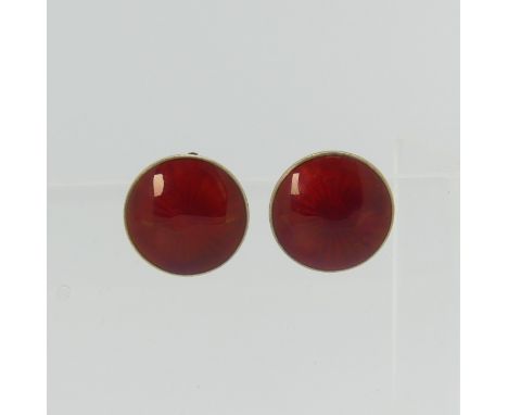 A pair of Norwegian silver gilt and enamel Earrings,&nbsp;of circular form with red guilloche enamel, marked on the reverse '