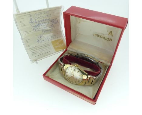 A gold-plated Omega Genève Automatic gentleman's Wristwatch, circa 1977, the silvered dial with gilt/black baton markers and 